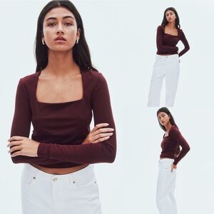 H&M Women's Long Sleeved Square Neckline Microfiber Top Shirt Burgundy Size XL